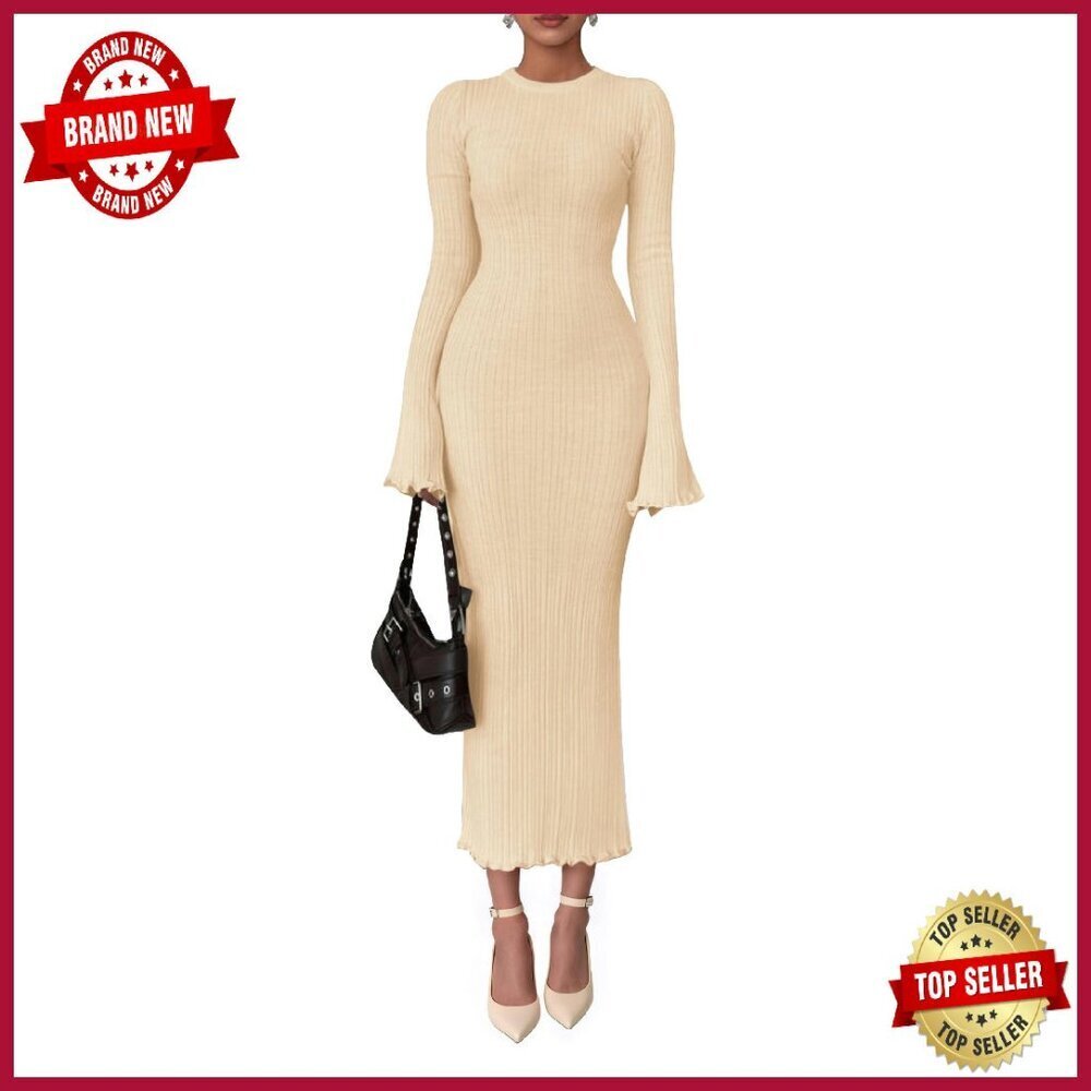 Ribbed Knit Bodycon Maxi Dress Long Sleeve Bell Sleeve Winter